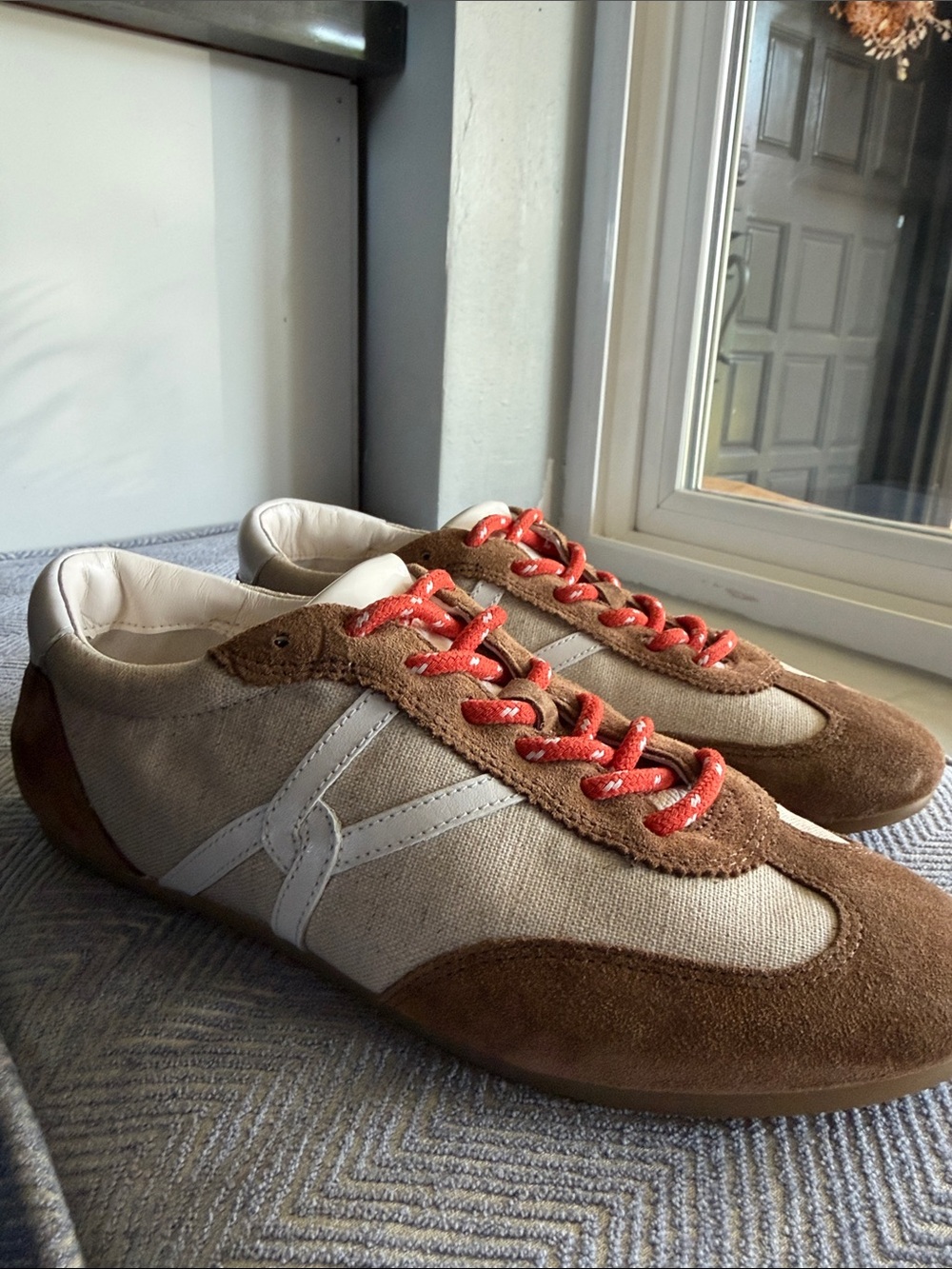 Veronica Beard Brown Suede & Cream Canvas Sneakers with Red Laces -like new